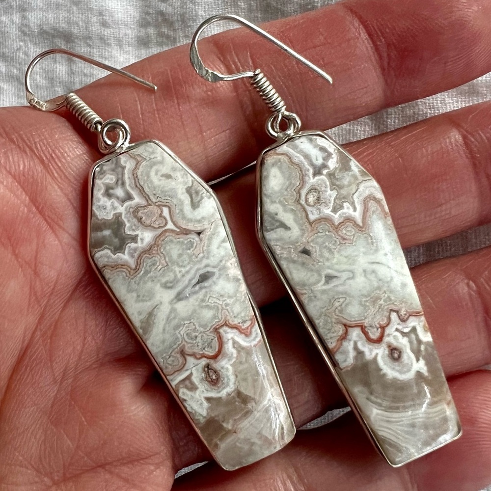 925 STUNNING Coffin Crazy Lace Agate Earrings